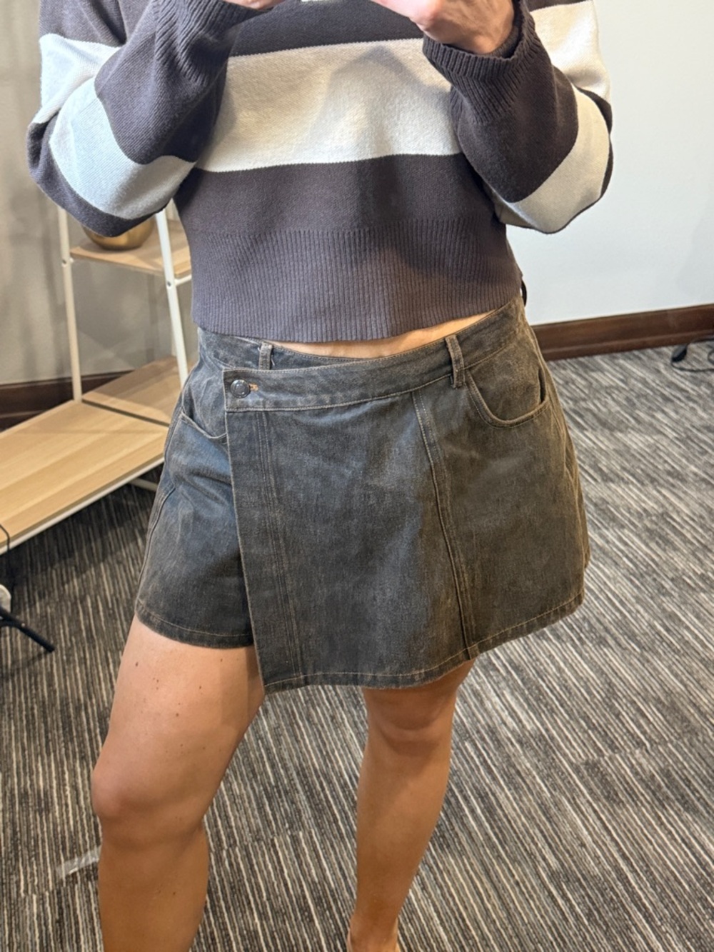 Washed Brown Denim Wrap Skort